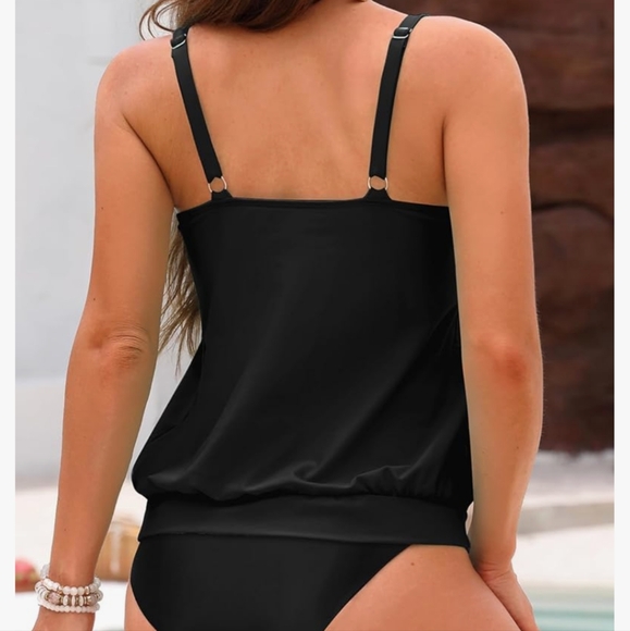 Bikinx Women Black Blouson Tankini Tank Top & Bottom Loose Fit Swimsuit Sz XL 14 - Picture 2 of 11